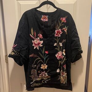 Johnny Was Black Top with Pink Floral Embroidery